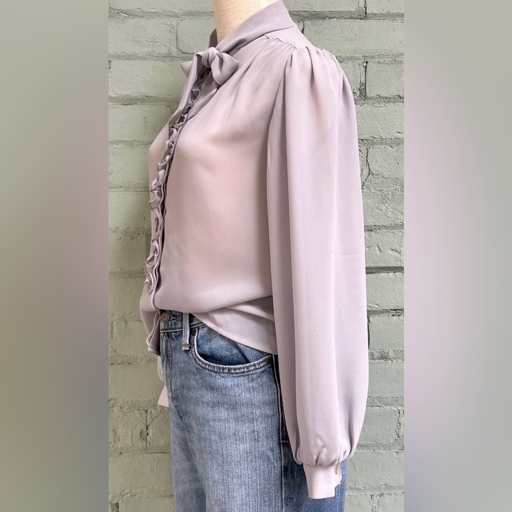 Vintage Sheer Gray Long Sleeve Ruffle Blouse with Bow Tie Collar - Picture 3 of 8